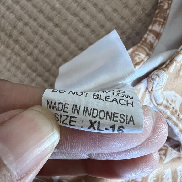 Hula Bay Shirt Womens XL Tan White Tropical Leaf Print Short Sleeve Monsterra - Picture 10 of 10